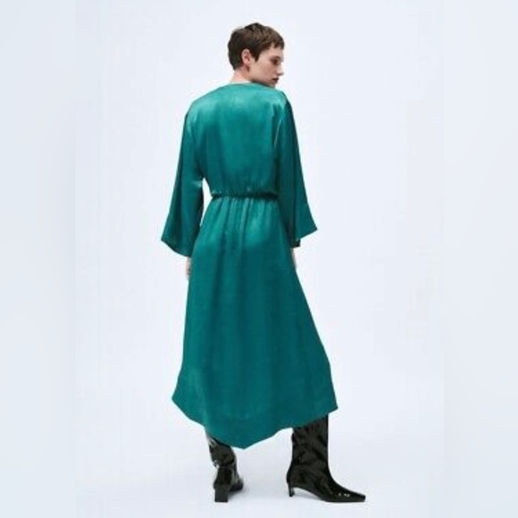 ZARA SATIN EFFECT MIDI TEAL DRESS - Picture 2 of 5